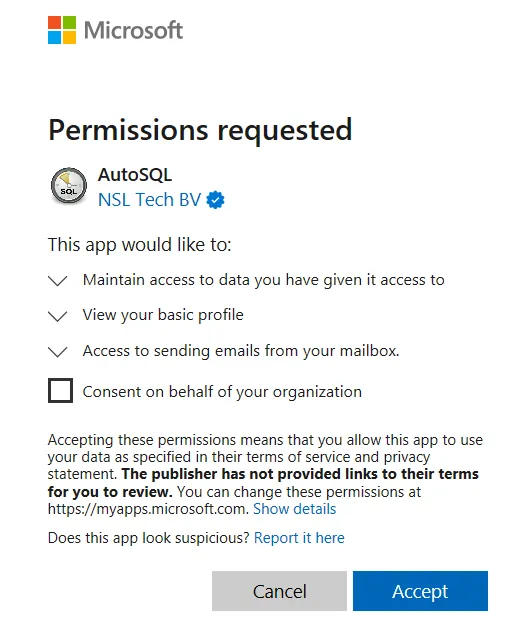 Consent to provide AutoSQL the authorisation to send email on your behalf
