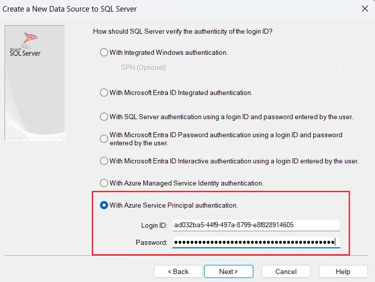 Input the service principal login details