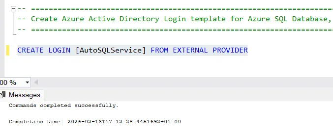 Create a login for the service principal into the SQL server