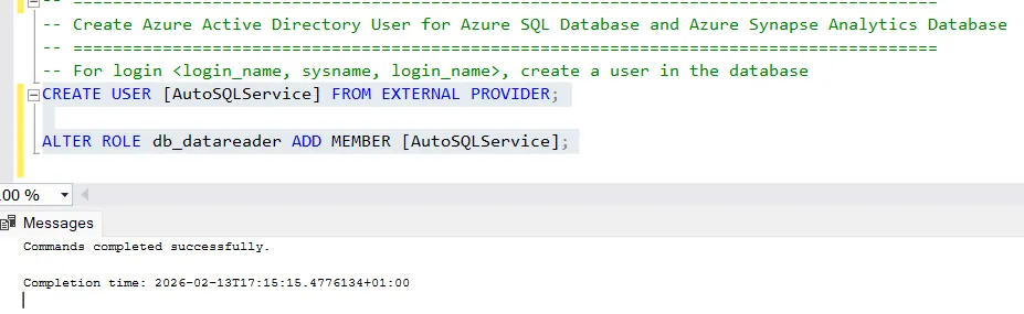 Create a user for the service principal into the specific database