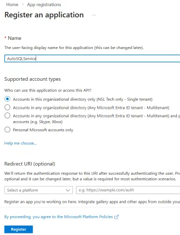 Register a new application called AutoSQLService