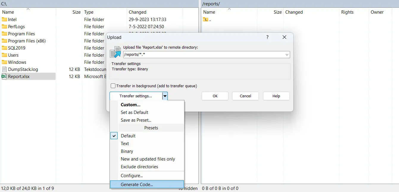 Generate FTP script in WinSCP
